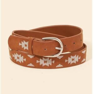 Western Boho Aztec Embroidered Pattern Vegan Leather Belt Brown